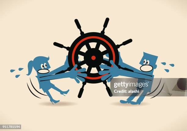 businesswoman fighting with businessman for the managing position (holding rudder conflicting with each other) - chief executives committee meeting stock illustrations