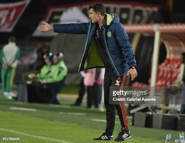 Mauricio Barbieri coach of Flamengo gives directoins to his players during a match between Independiente Santa Fe and Flamengo as part of Copa...