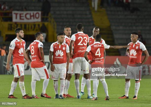 Players of Santa Fe leave the field at the end of the halftime during a match between Independiente Santa Fe and Flamengo as part of Copa CONMEBOL...