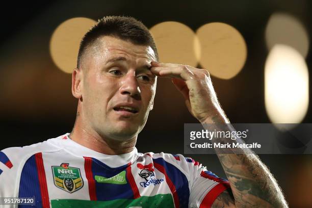 Shaun Kenny-Dowall of the Knights looks on during the Round eight NRL match between the Manly-Warringah Sea Eagles and the Newcastle Knights at...