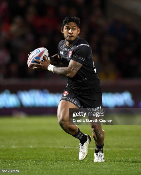 Ben Barba of St Helens during the Betfred Super League match between Salford Red Devils and St Helens at AJ Bell Stadium on April 26, 2018 in...