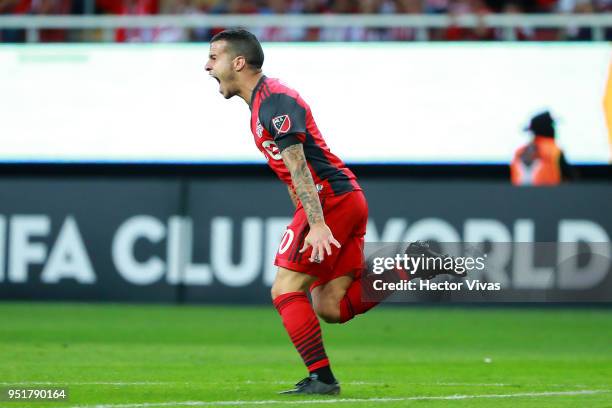 Sebastian Giovinco of Toronto FC celebrates after scoring the second goal of his team during the second leg match of the final between Chivas and...