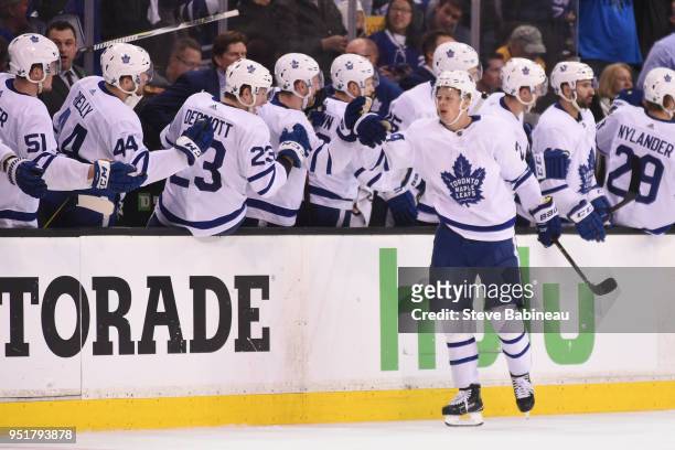Kasperi Kapanen of the Toronto Maple Leafs celebrates his goal against the Boston Bruins in Game Seven of the Eastern Conference First Round in the...