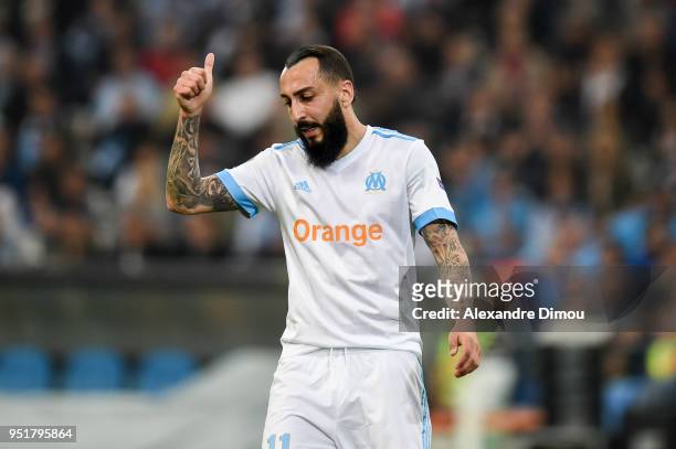 Kostas Mitroglou of Marseille during the Europa League semi final first leg match between Marseille and RB Salzburg at Stade Velodrome on April 26,...