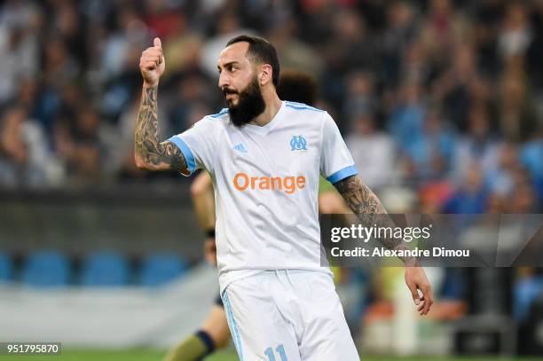 Kostas Mitroglou of Marseille during the Europa League semi final first leg match between Marseille and RB Salzburg at Stade Velodrome on April 26,...