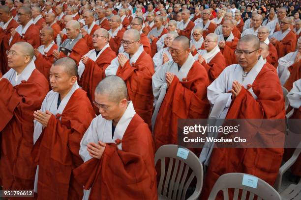 Thousands of South Korean Buddhists have a prayer service wishing for a successful Inter-Korean Summit and peace for the country on April 27, 2018 in...