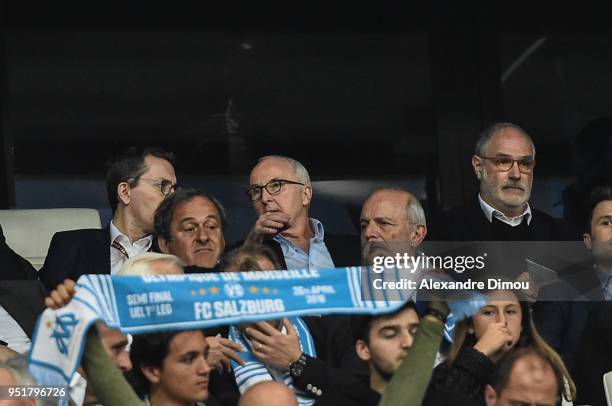 Jean Claude Gaudin Mayor of Marseille and Jacques Henry Eyraud President and Franck Mc Court Chairman of Marseille and Michel Platini during the...