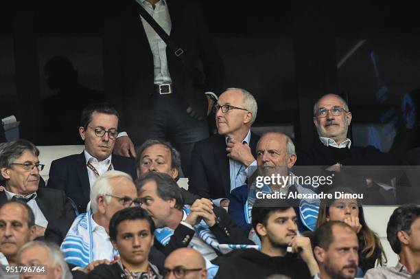 Jean Claude Gaudin Mayor of Marseille and Jacques Henry Eyraud President and Franck Mc Court Chairman of Marseille and Michel Platini during the...