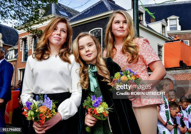 The Dutch Princesses Alexia, Ariane and Amalia attend the King's Day in Groningen, on April 27, 2018. - King Willem-Alexander celebrated his 51th...