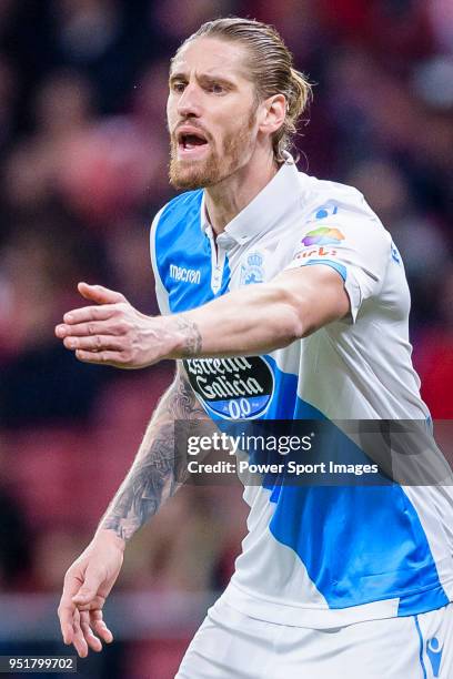 Raul Albentosa Redal of Deportivo La Coruna gestures during the La Liga 2017-18 match between Atletico de Madrid and Deportivo La Coruna at Wanda...