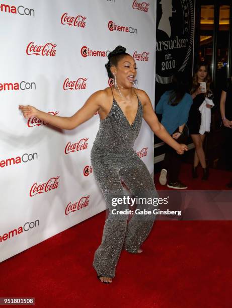 Recipient of the "Female Star of Tomorrow" actress Tiffany Haddish dances during the CinemaCon Big Screen Achievement Awards at Omnia Nightclub at...