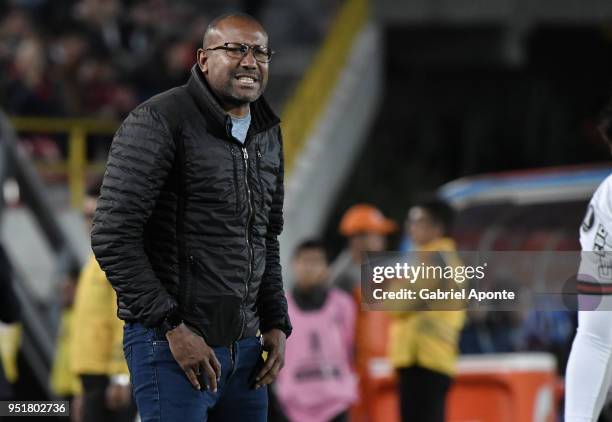 Agustin Julio coach of Santa Fe gestures during a match between Independiente Santa Fe and Flamengo as part of Copa CONMEBOL Libertadores 2018 on...