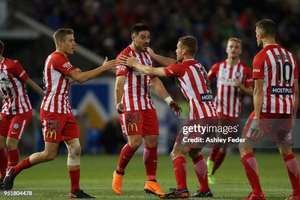 Melbourne City players celebrate an own goal from Nikolai Topor-Stanley during the A-League Semi Final match between the Newcastle Jets and Melbourne...