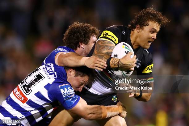 James Fisher-Harris of the Panthers is tackled during the NRL round eight match between the Penrith Panthers and Canterbury Bulldogs on April 27,...