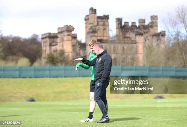 Celtic manager Brendan Rodgers and Stuart Armstrong are seen during a training session at Lennoxtown Training Centre on April 27, 2018 in Glasgow,...