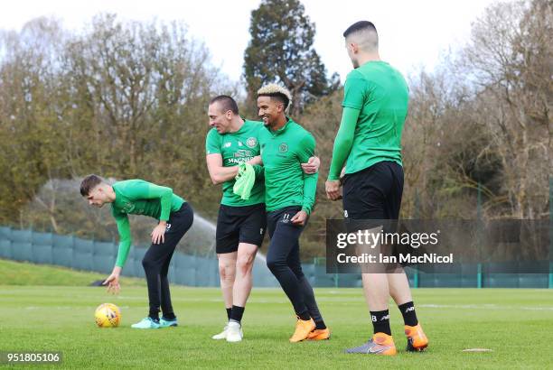 Scott Brown and Scott Sinclair of Celtic are seen during a training session at Lennoxtown Training Centre on April 27, 2018 in Glasgow, Scotland.