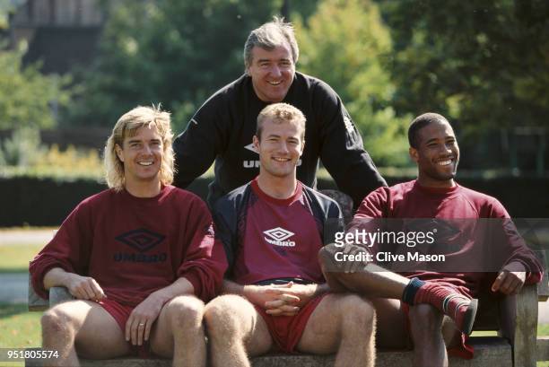 England manager Terry Venables at an England Football training session pictured with players left to right, Barry Venison; Alan Shearer and John...
