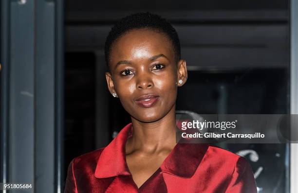 Model Flaviana Matata is seen leaving the BVLGARI world premiere screening of 'The Conductor' and 'The Litas' during the 2018 Tribeca Film Festival...