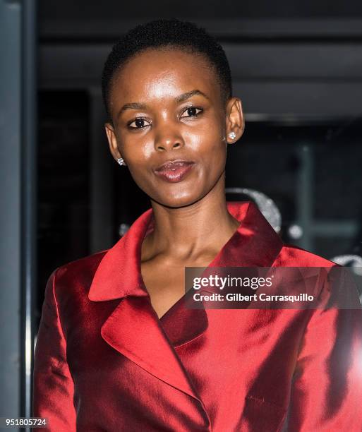 Model Flaviana Matata is seen leaving the BVLGARI world premiere screening of 'The Conductor' and 'The Litas' during the 2018 Tribeca Film Festival...