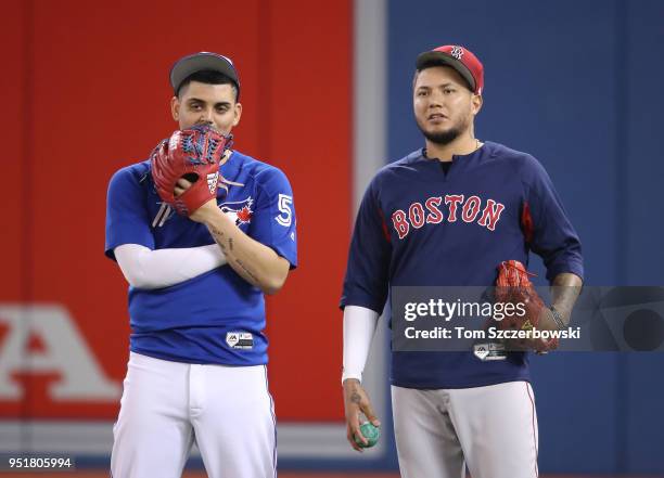 Roberto Osuna of the Toronto Blue Jays talks to Hector Velazquez of the Boston Red Sox during batting practice before their MLB game at Rogers Centre...