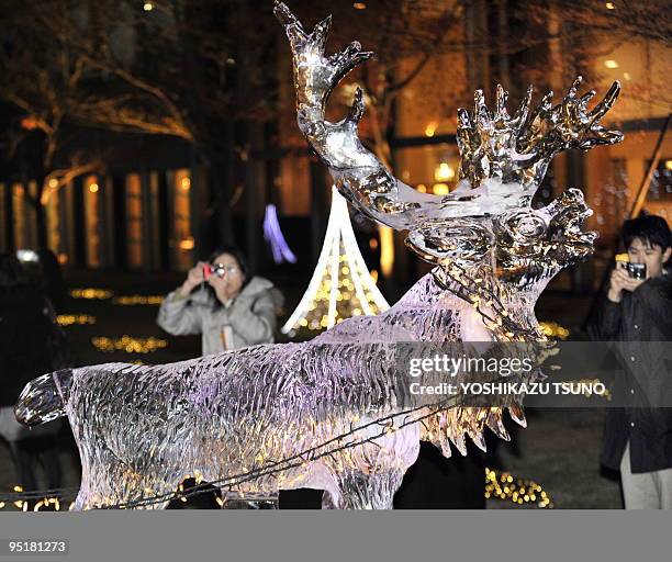 People photograph an illuminated ice sculpture shaped as a reindeer in the garden of Tokyo's Takanawa Prince Hotel on December 24, 2009. AFP PHOTO /...