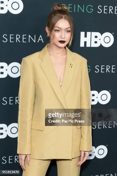 Gigi Hadid attends premiere HBO documentary Being Serena at Time Warner Center.