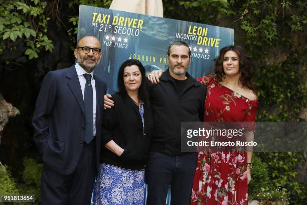 Hormoz Vasfi, director Lynne Ramsay, actor Joaquin Phoenix and Lucy De Crescenzo attend 'A Beautiful Day' photocall at Hotel De Russie on April 27,...