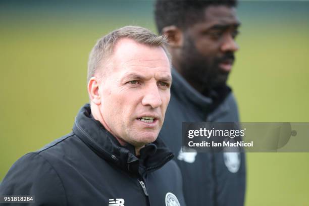 Celtic manager Brendan Rodgers and Technical Assistant Kolo Toure during a training session at Lennoxtown Training Centre on April 27, 2018 in...