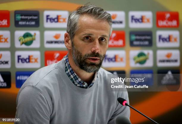 Coach of RB Salzburg Marco Rose answers to the media following the UEFA Europa League semi final first leg match between Olympique de Marseille and...