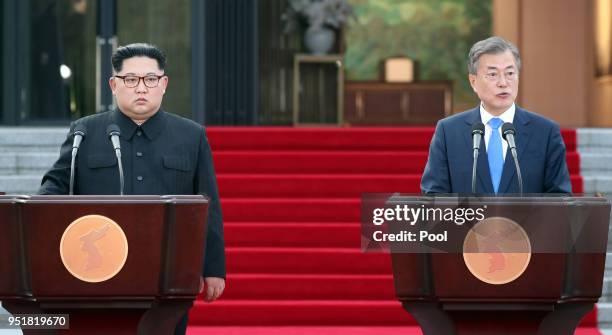 North Korean leader Kim Jong Un and South Korean President Moon Jae-in announce the Panmunjom Declaration for Peace, Prosperity and Unification of...