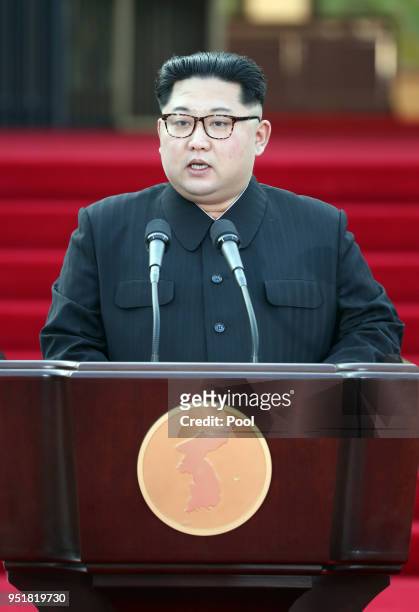 North Korean leader Kim Jong Un announces the Panmunjom Declaration for Peace, Prosperity and Unification of the Korean Peninsula during the...
