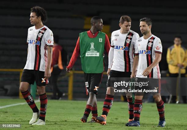 Willian Arao, Miguel Trauco, Jonas and Diego of Flamengo leave the field after a match between Independiente Santa Fe and Flamengo as part of Copa...