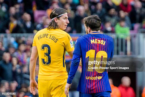 Filipe Luis of Atletico de Madrid talks with Lionel Andres Messi of FC Barcelona during the La Liga 2017-18 match at Camp Nou between FC Barcelona...