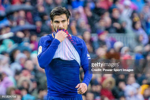 Andre Filipe Tavares Gomes of FC Barcelona reacts during the La Liga 2017-18 match at Camp Nou between FC Barcelona and Atletico de Madrid on 04...