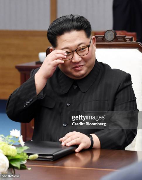 Kim Jong Un, North Korea's leader, attends the inter-Korean summit at the Peace House in the village of Panmunjom in the Demilitarized Zone in Paju,...
