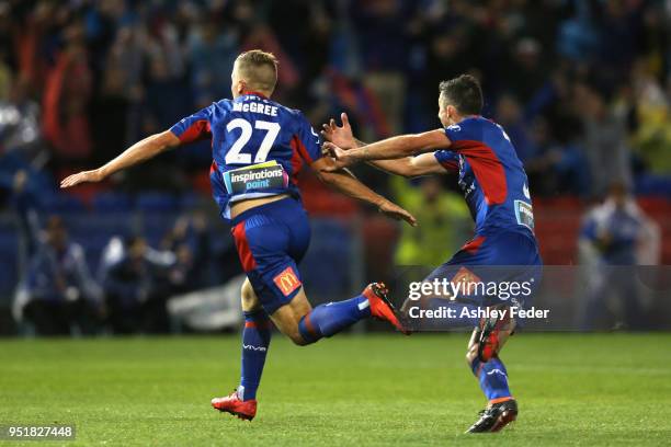 Riley McGree of the Jets celebrates his goal with Jason Hoffman during the A-League Semi Final match between the Newcastle Jets and Melbourne City at...