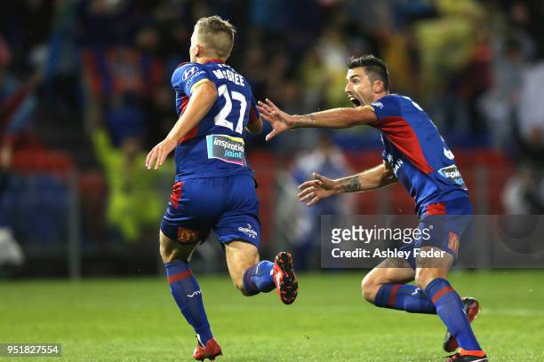Riley McGree of the Jets celebrates his goal with Jason Hoffman during the A-League Semi Final match between the Newcastle Jets and Melbourne City at...