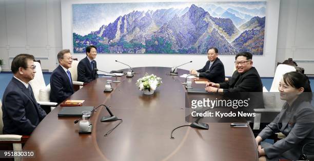 North Korean leader Kim Jong Un and South Korean President Moon Jae In hold talks on the South Korean side of the border village of Panmunjeom in the...
