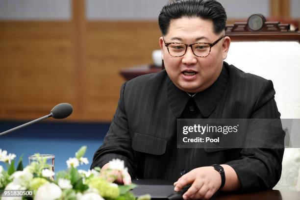 North Koraen Leader Kim Jong Un speaks during the Inter-Korean Summit at the Peace House on April 27, 2018 in Panmunjom, South Korea. Kim and Moon...