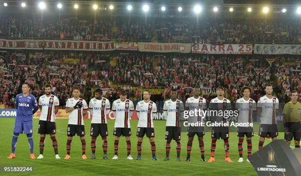 Players of Flamengo line up prior the formal events prior a match between Independiente Santa Fe and Flamengo as part of Copa CONMEBOL Libertadores...