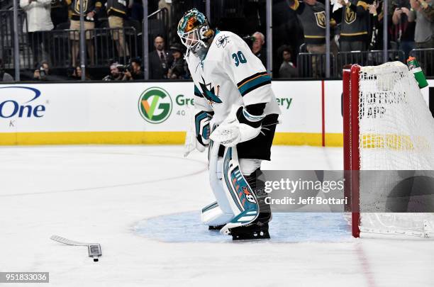 Aaron Dell of the San Jose Sharks reacts after giving up a goal during the third period against the Vegas Golden Knights in Game One of the Western...