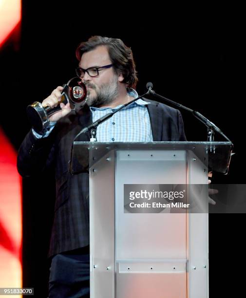 Actor Jack Black, recipient of the CinemaCon Visionary Award, onstage during the CinemaCon Big Screen Achievement Awards brought to you by the...
