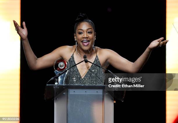 Actress/comedian Tiffany Haddish accepts the Female Star of Tomorrow award onstage during the CinemaCon Big Screen Achievement Awards brought to you...
