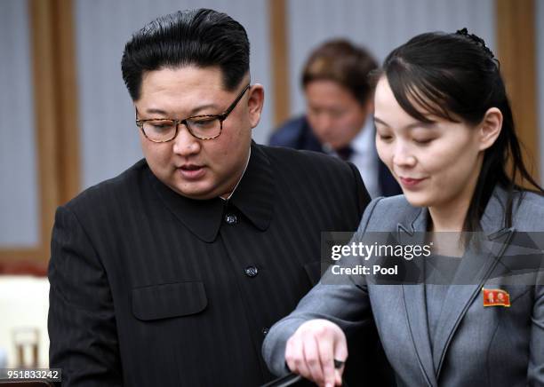 North Koraen Leader Kim Jong Un and sister Kim Yo Jong attend the Inter-Korean Summit at the Peace House on April 27, 2018 in Panmunjom, South Korea....