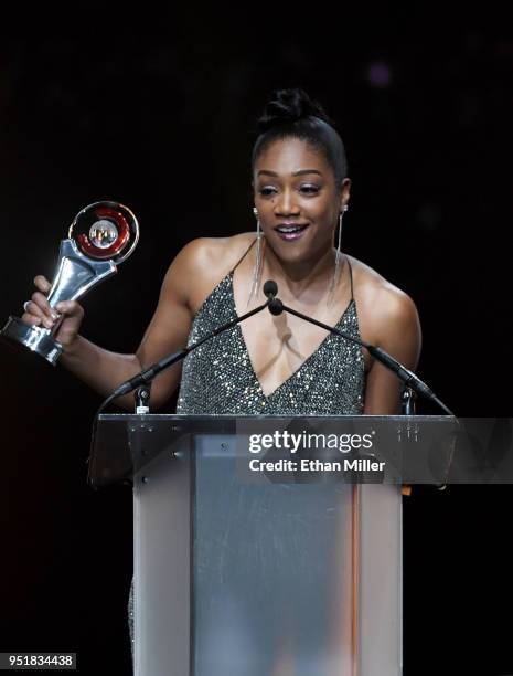 Actress/comedian Tiffany Haddish accepts the Female Star of Tomorrow award onstage during the CinemaCon Big Screen Achievement Awards brought to you...