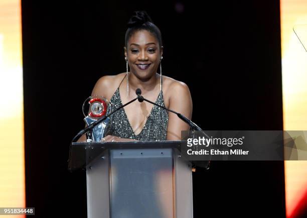 Actress/comedian Tiffany Haddish accepts the Female Star of Tomorrow award onstage during the CinemaCon Big Screen Achievement Awards brought to you...