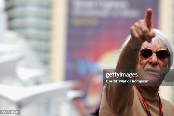 Bernie Ecclestone, Chairman Emeritus of the Formula One Group, points in the Paddock during practice for the Azerbaijan Formula One Grand Prix at...