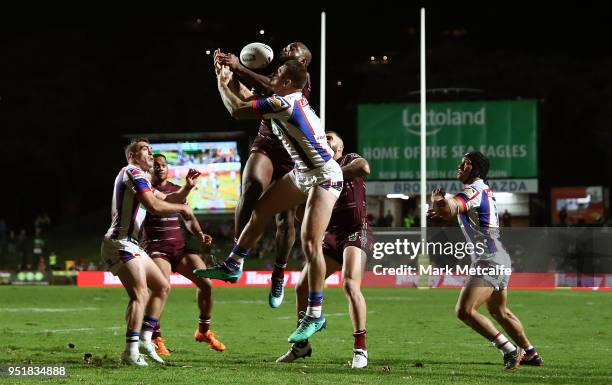 Akuila Uate of the Sea Eagles catches a high ball during the Round eight NRL match between the Manly-Warringah Sea Eagles and the Newcastle Knights...