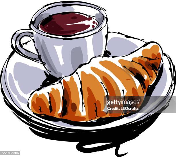 coffee and croissant drawing - croissant stock illustrations
