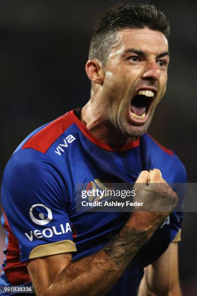 Jason Hoffman of the Jets celebrates his goal during the A-League Semi Final match between the Newcastle Jets and Melbourne City at McDonald Jones...